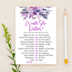 Purple Floral Would She Rather Bridal Shower Game Stationery