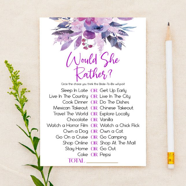 Purple Floral Would She Rather Bridal Shower Game Stationery (Creator Uploaded)