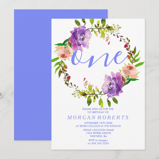 Purple Floral Wreath 1st Birthday Party Invite (Front/Back)