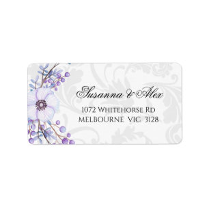 Purple Floral Wreath and Damask Wedding Label