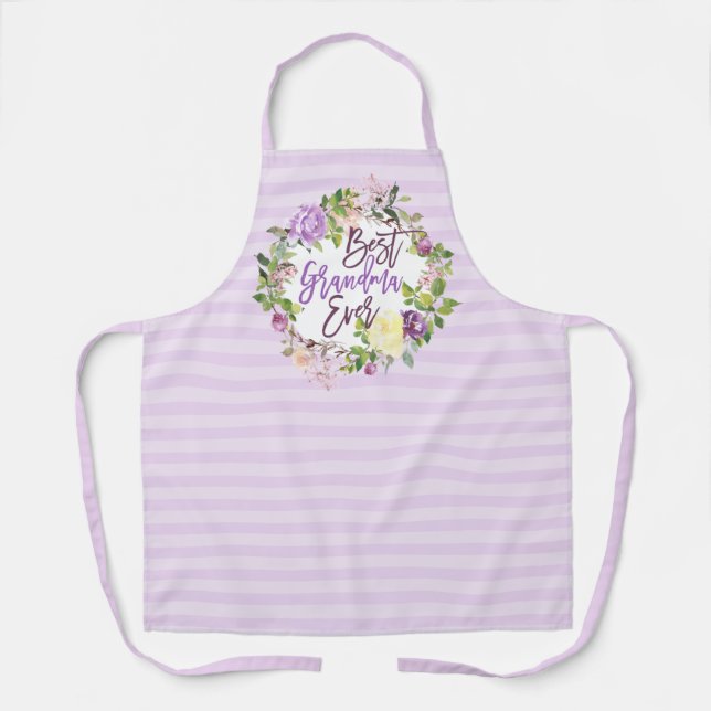 Purple Floral Wreath Best Grandma Ever Apron (Front)
