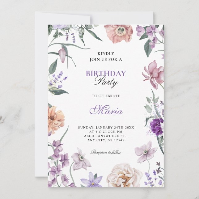 Purple floral wreath birthday  invitation (Front)
