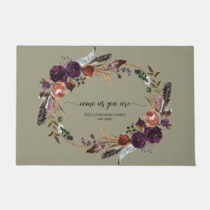 Purple Floral Wreath Come As You Are Welcome Doormat