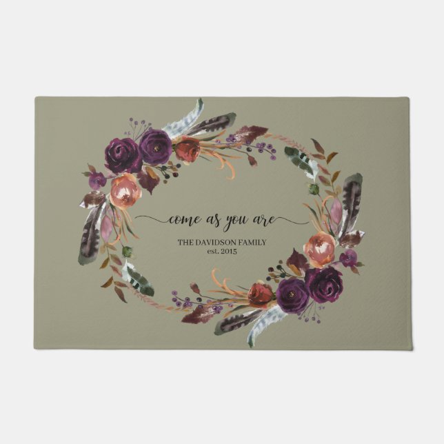 Purple Floral Wreath Come As You Are Welcome Doormat (Front)