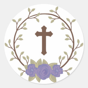 Purple Floral Wreath Cross Baptism Christening Classic Round Sticker
