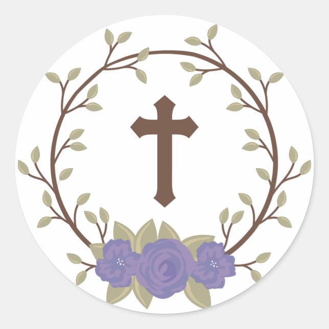 Purple Floral Wreath Cross Baptism Christening Classic Round Sticker (Front)