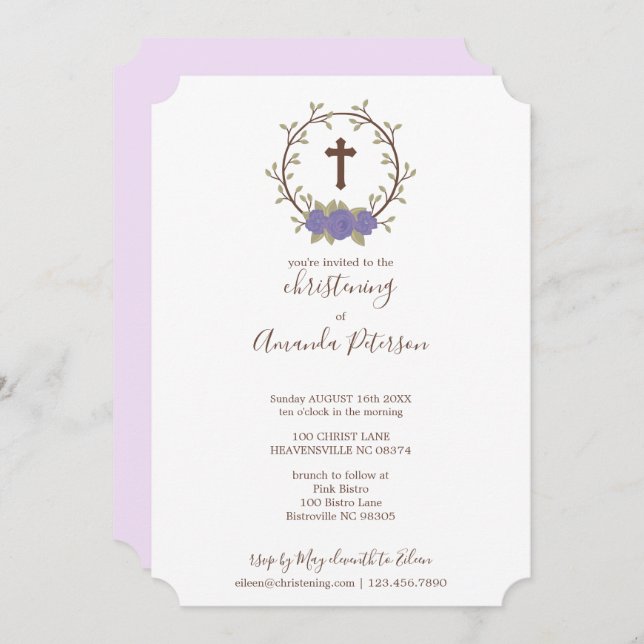 Purple Floral Wreath Cross Baptism Christening Invitation (Front/Back)