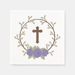 Purple Floral Wreath Cross Baptism Christening Napkin