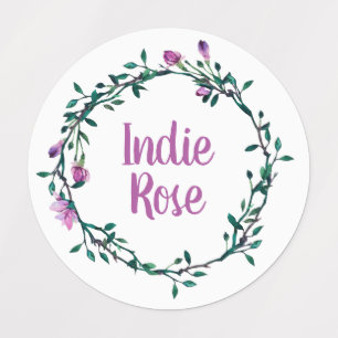 Purple Floral Wreath Custom Name School Labels
