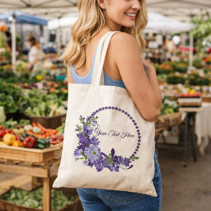 Purple Floral Wreath Custom Text Spring Flower Tote Bag