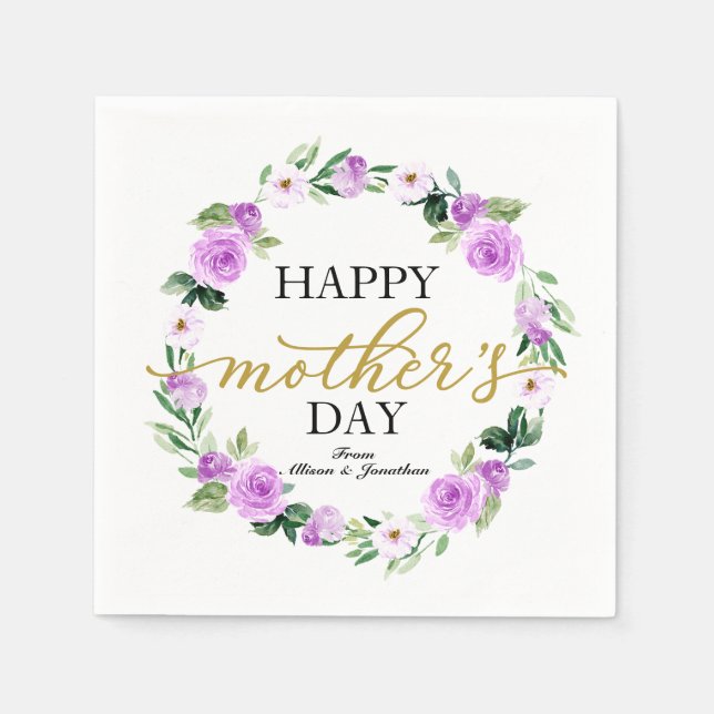 Purple Floral Wreath Happy Mothers Day Napkin (Front)