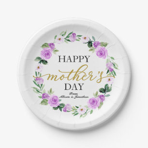 Purple Floral Wreath Happy Mothers Day Paper Plate