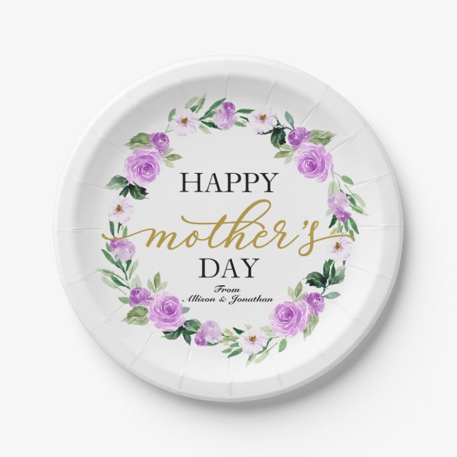 Purple Floral Wreath Happy Mothers Day Paper Plate (Front)