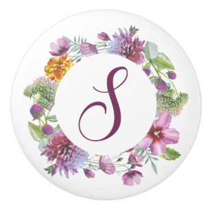 Purple Floral Wreath Monogram Ceramic Knob
