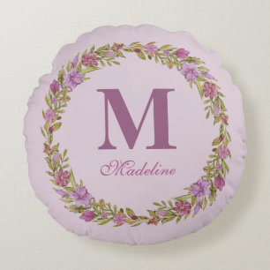 Purple Floral Wreath Monogram Girls Nursery  Round Cushion