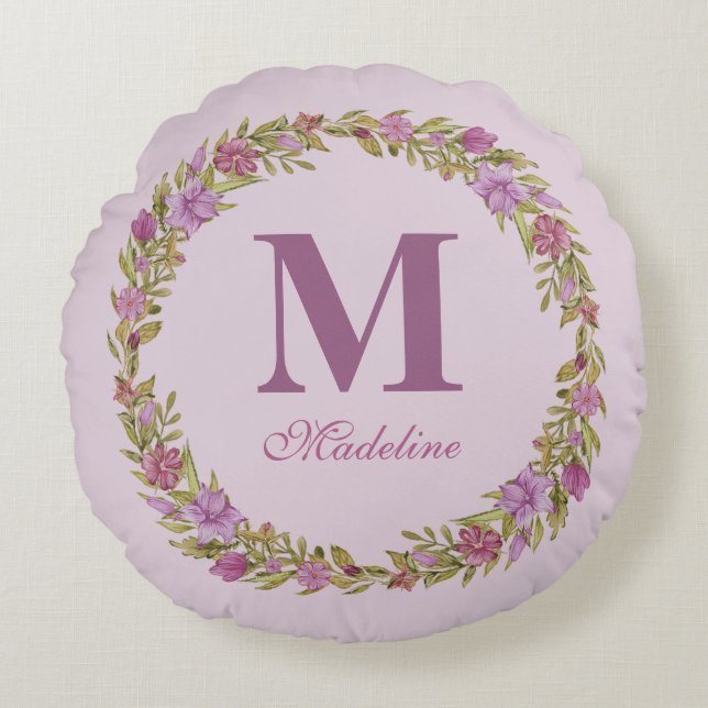Purple Floral Wreath Monogram Girls Nursery  Round Cushion (Front)