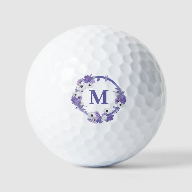 Purple Floral Wreath Monogram Golf Balls (Front)