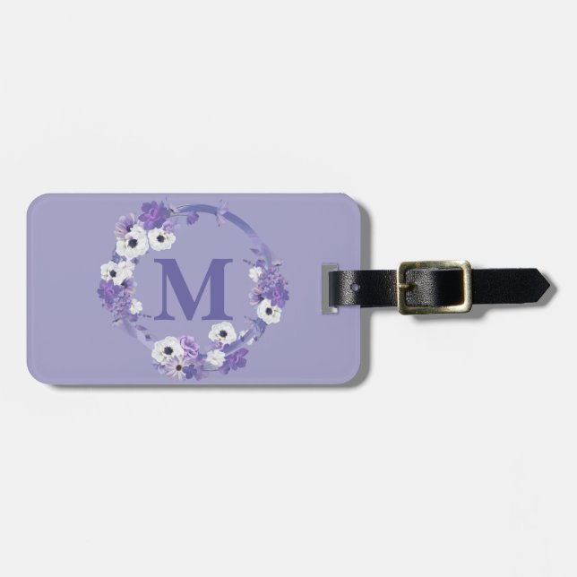 Purple Floral Wreath Monogram Initial Luggage Tag (Front Horizontal)