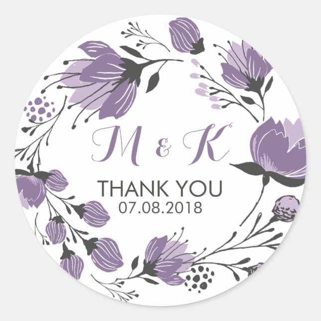 Purple Floral Wreath Monogram Thank You Sticker (Front)