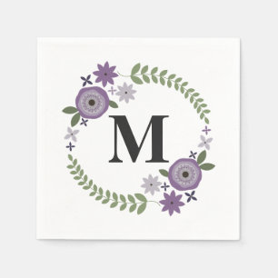 Purple Floral Wreath Monogram Wedding Napkins