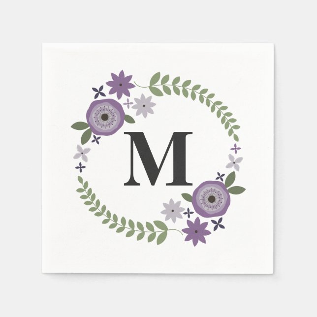 Purple Floral Wreath Monogram Wedding Napkins (Front)