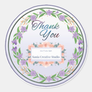 Purple Floral Wreath & Peaches Thank You Round St Classic Round Sticker