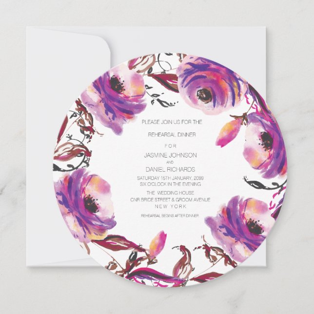 Purple Floral Wreath Rehearsal Dinner Circle Invitation (Front)