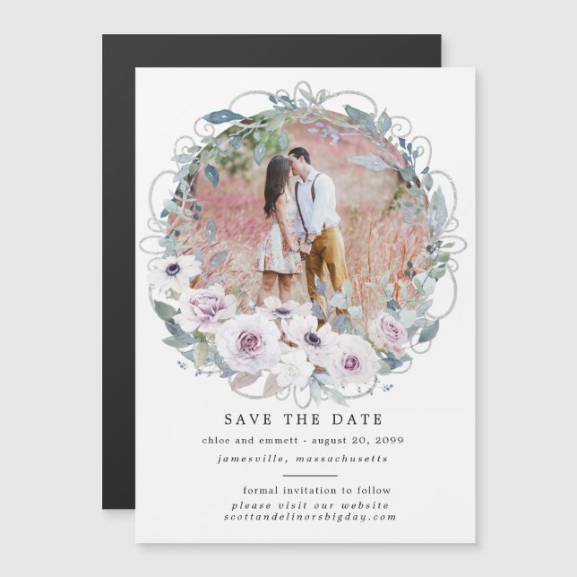 Purple Floral Wreath Save the Date Magnetic Card (Front/Back)