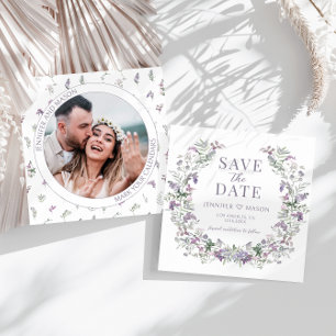 Purple floral wreath Save the Date photo Card