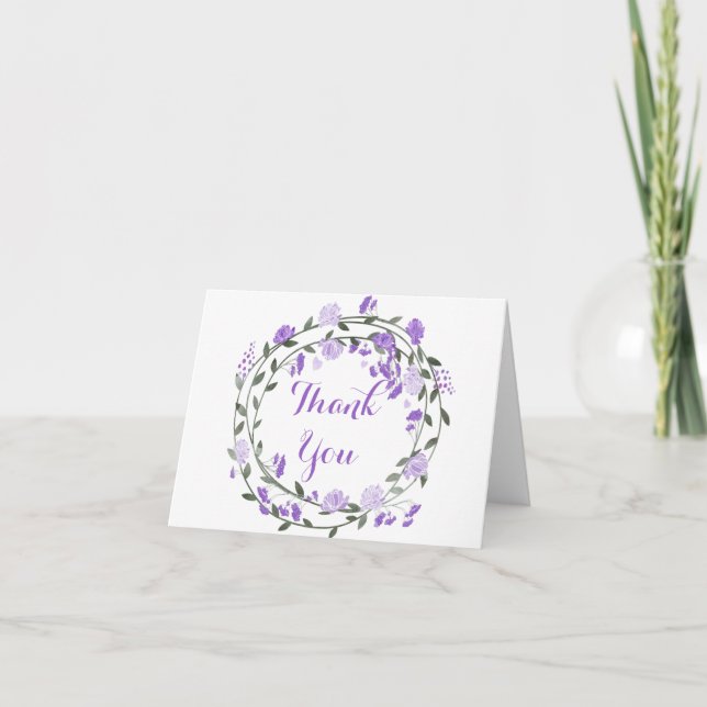 Purple Floral Wreath Thank You Card (Front)