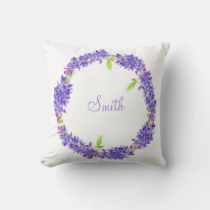 Purple Floral Wreath   Your Last Name Cushion