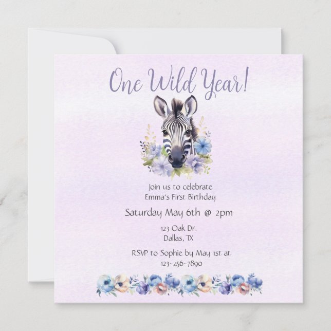 Purple Floral Zebra Birthday  Invitation (Front)
