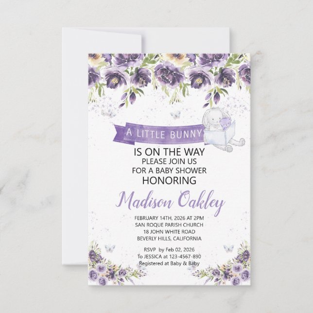 Purple Florals A Little Bunny Baby Shower Announce Announcement (Front)