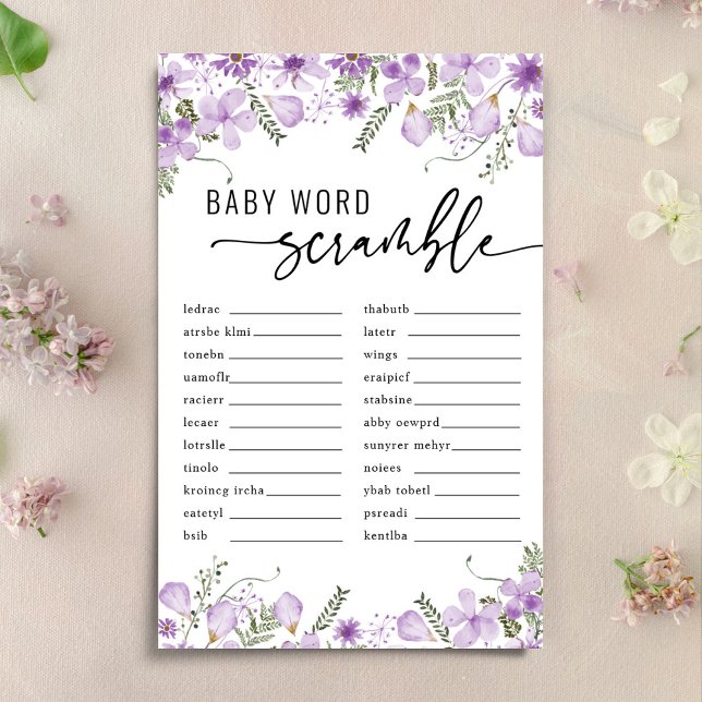 Purple Florals Baby Word Scramble Baby Shower Game (Creator Uploaded)