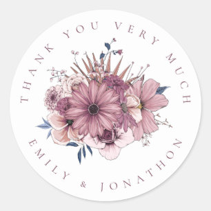 Purple Florals Newlyweds Names Thank You Wedding  Classic Round Sticker