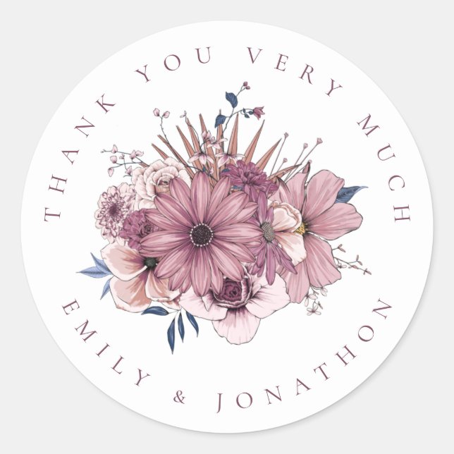 Purple Florals Newlyweds Names Thank You Wedding  Classic Round Sticker (Front)