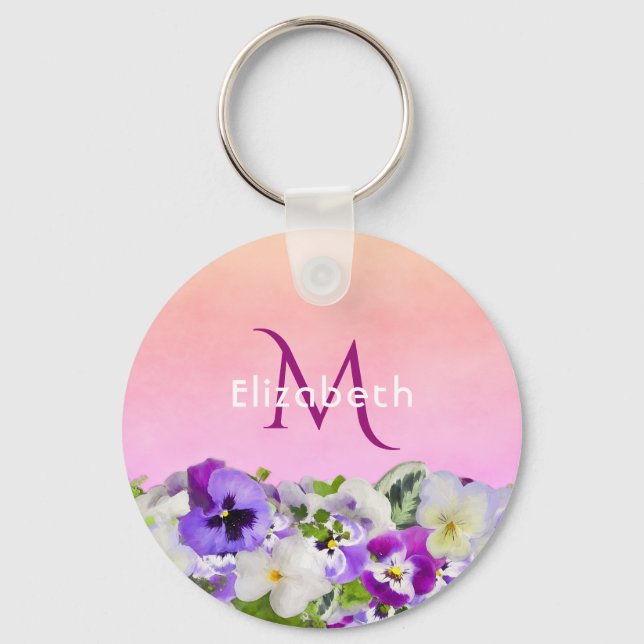 Purple florals pink monogram key ring (Front)