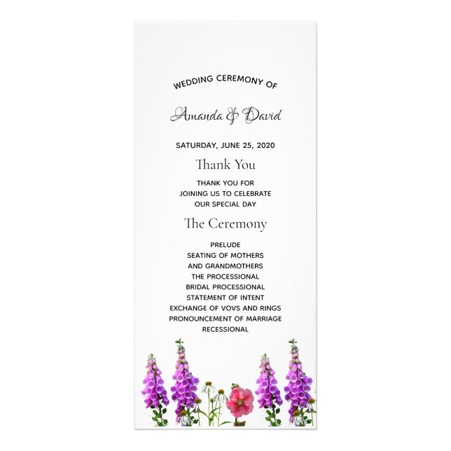 Purple florals white elegant wedding program rack card (Front)