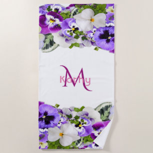 Purple florals white monogram beach towel