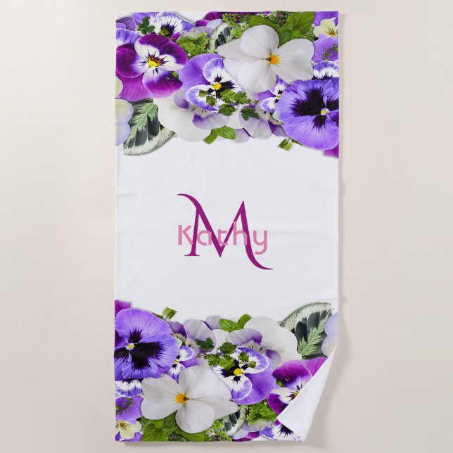 Purple florals white monogram beach towel (Front)