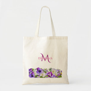 Purple florals white monogram elegant tote bag