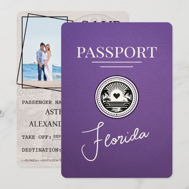 Purple Florida Passport Save The Date (Front/Back)