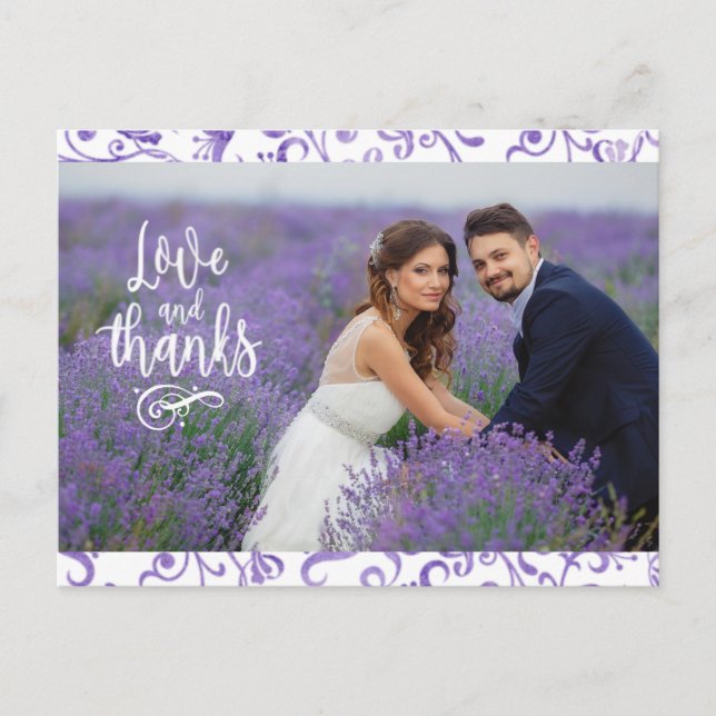 Purple Flourish Border Two Photo Wedding Thank You Postcard (Front)