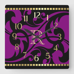 Purple Flourish Design Gold Border with Monogram Square Wall Clock