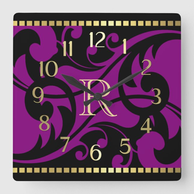 Purple Flourish Design Gold Border with Monogram Square Wall Clock (Front)