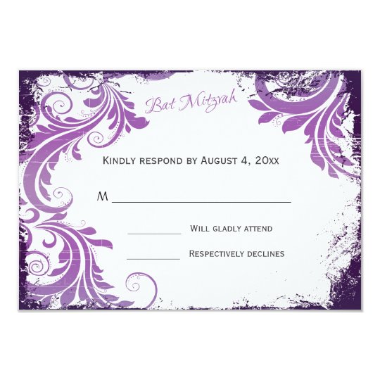 Purple Flourish Grunge Bat Mitzvah RSVP Card