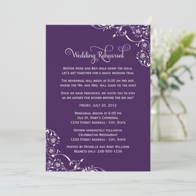 Purple Flourish Wedding Rehearsal Invitation (Standing Front)