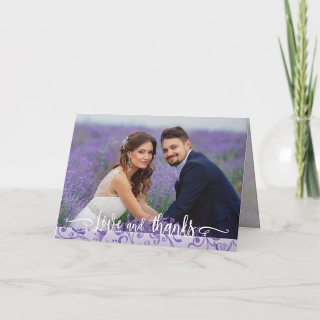 Purple Flourishes Wedding Two Photo Thank You Card (Front)