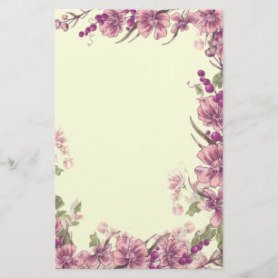 Purple Flower and Berries Border Decor Stationery