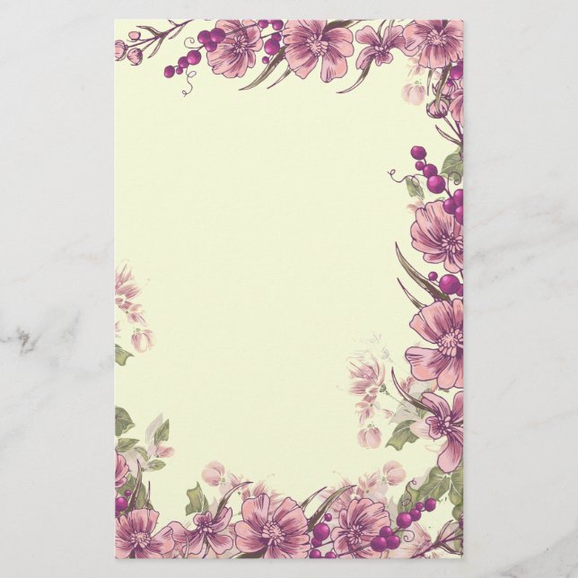 Purple Flower and Berries Border Decor Stationery (Front)